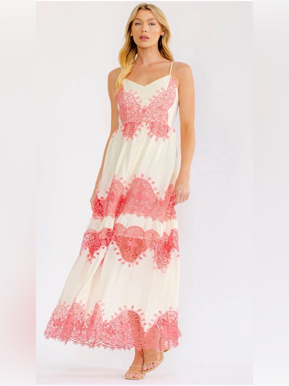 A471. Boho Cream Maxi Dress with Pink Lace Overlay